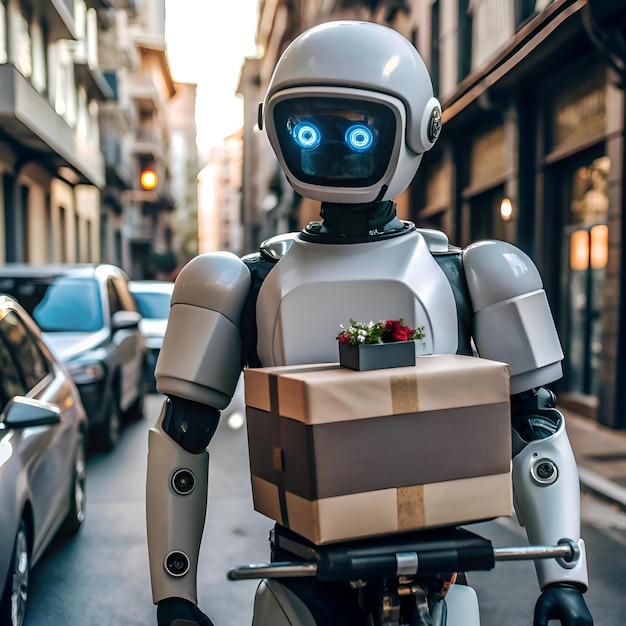 A friendly robot delivery driver navigates city streets carrying a package with a touch of floral flair