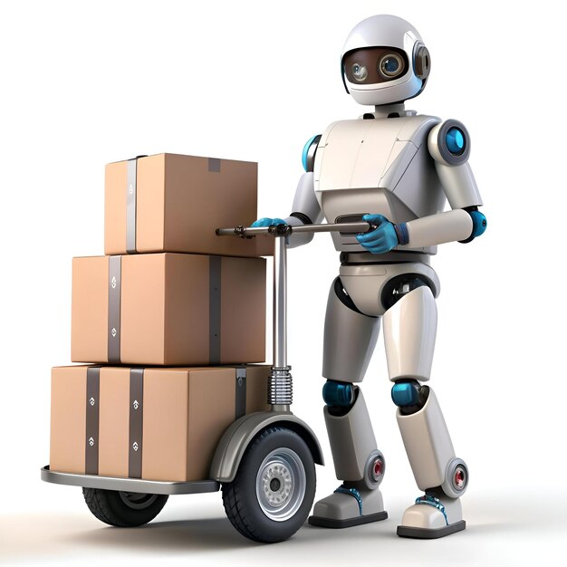 Photo a friendly robot delivery driver with packages on a hand truck ready to deliver your goods perfect for illustrating automation future technology and logistics