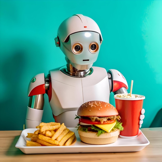 Photo a friendly robot enjoys a classic fast food meal a juicy burger fries and a soda