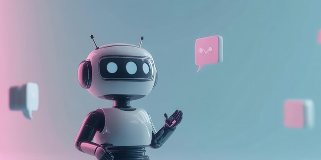 A friendly robot interacting with chat bubbles in a futuristic digital environment symbolizing communication and technology