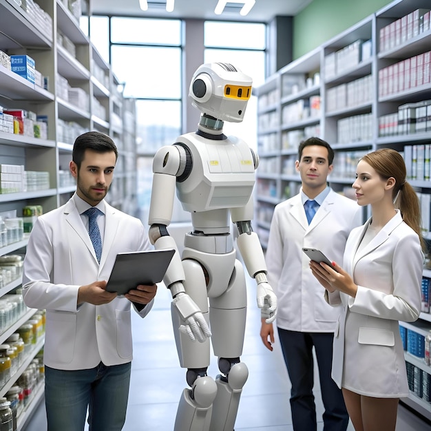 Photo a friendly robot interacts with pharmacy technicians showcasing the future of healthcare