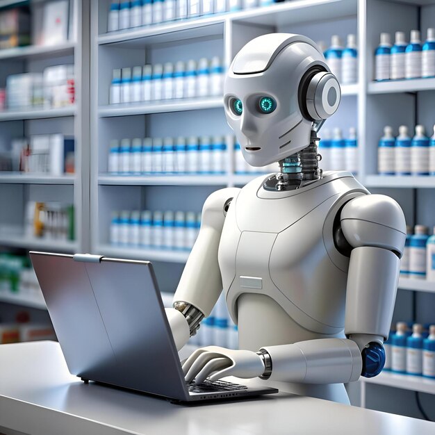 Photo a friendly robot pharmacist works diligently at a laptop in a modern pharmacy