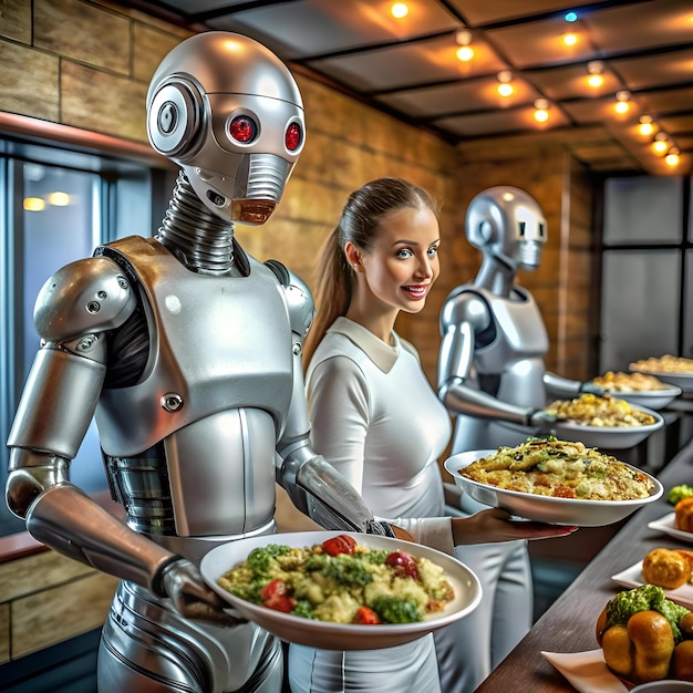 Photo a friendly robot serves a human customer at a futuristic catering event