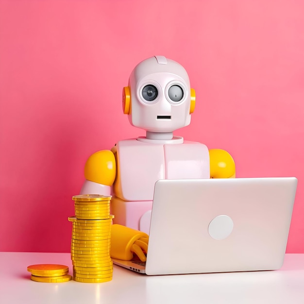 Photo a friendly robot sits at a desk working on a laptop with a stack of gold coins beside it