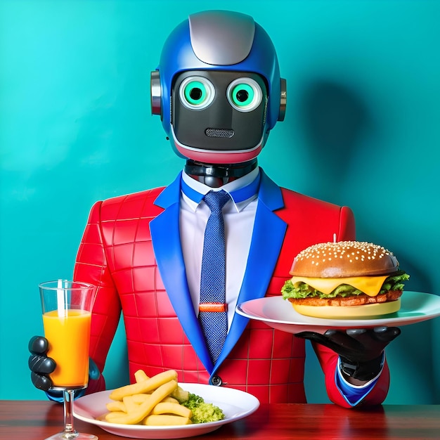 Photo a friendly robot waiter in a red suit serves a burger and fries symbolizing the future of service