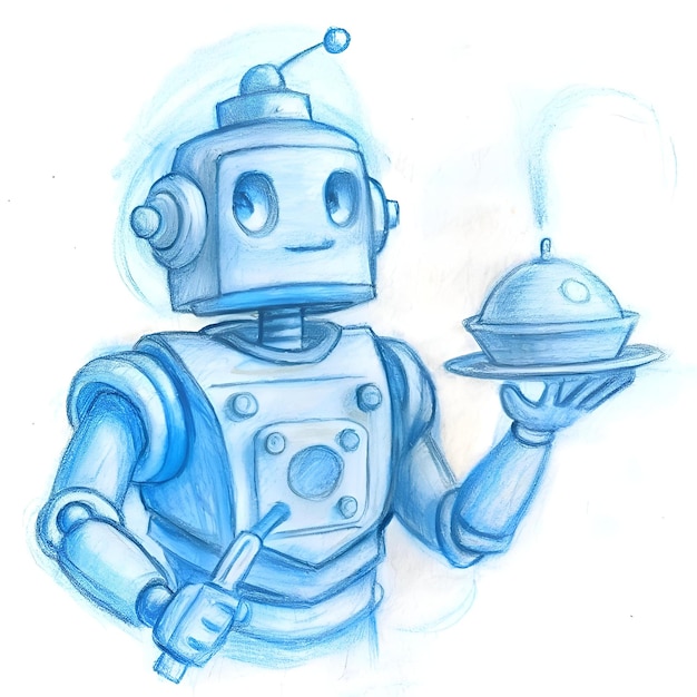 Photo a friendly robot waiter serves with a smile holding a cloche with a steaming dish