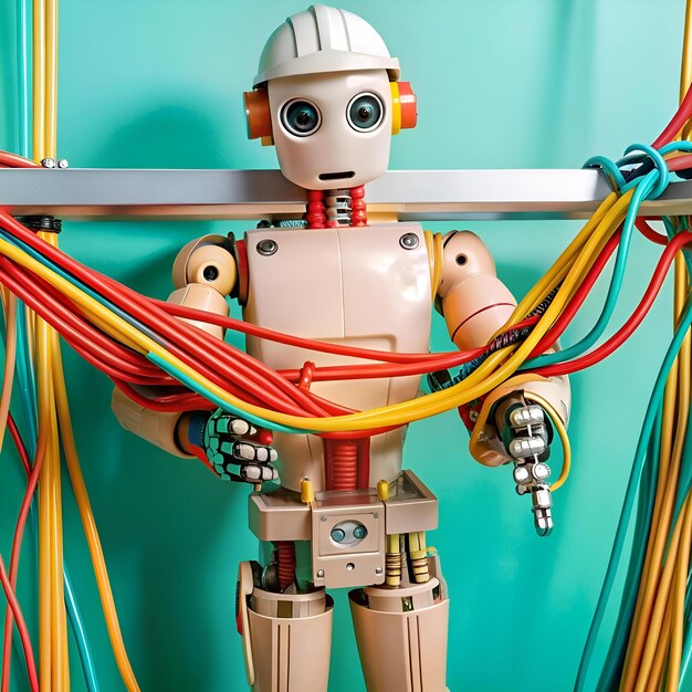 Photo a friendly robot wearing a hardhat struggles to untangle a jumble of colorful wires