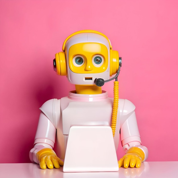 Photo a friendly robot wearing a headset and sitting at a desk with a laptop