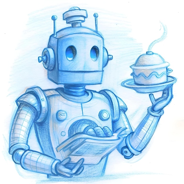 Photo a friendly robot with big blue eyes serves a cake on a silver tray