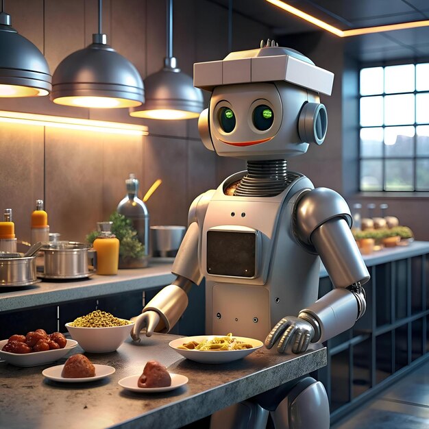 A friendly robot with big green eyes serves food in a restaurant kitchen showcasing the future of automation in the catering industry