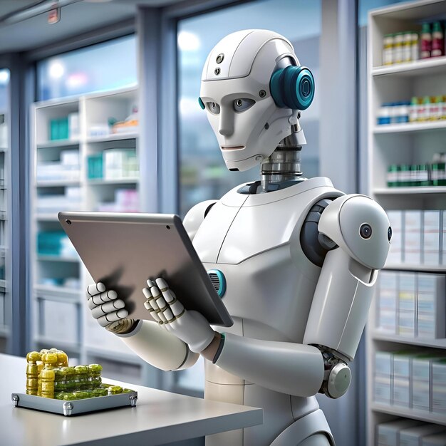 Photo a friendly robot with a tablet in a pharmacy setting representing the future of healthcare