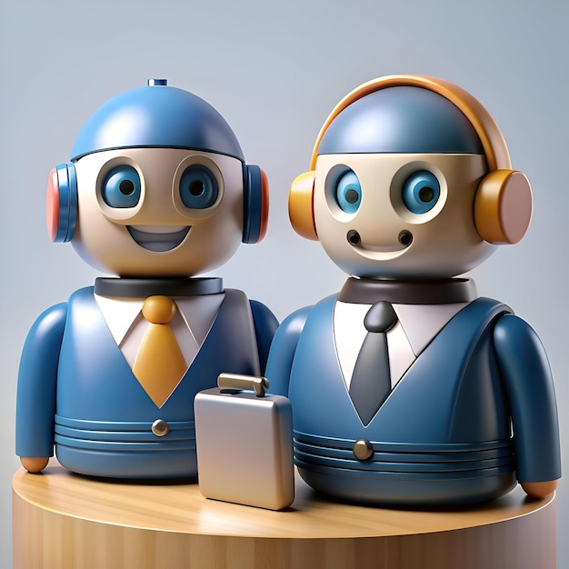 Photo friendly robots wearing business attire one with a headset ready to assist with reservations