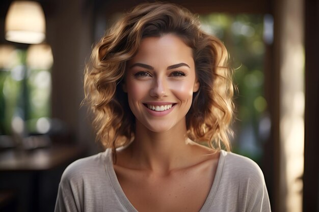 Friendly smiling woman looking pleased at front