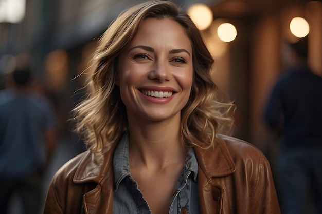 Friendly smiling woman looking pleased at front