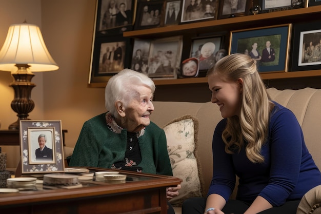 Friendly SpeechLanguage Pathologist chatting with a senior patient in a cozy living room filled