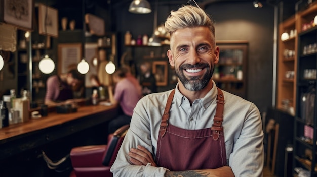 A friendly stylish barber man with a warm smile radiates charm and professionalism in his wellkept barbershop generative AI