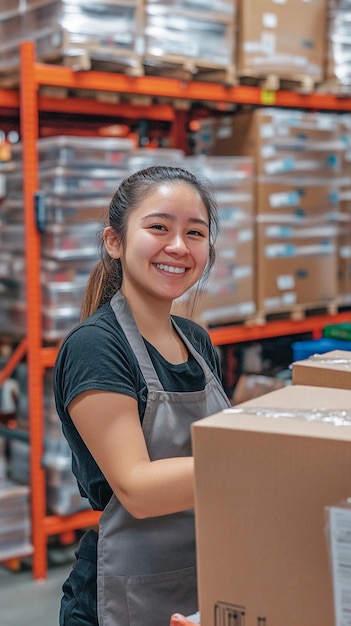 Friendly warehouse worker packing boxes smiling in a wellorganized distribution center