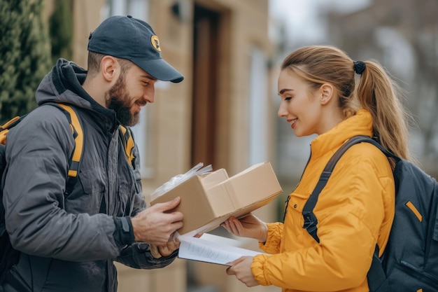 Photo friendly winter delivery two couriers exchanging packages outdoors in an urban setting