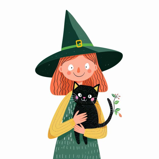 Photo a friendly witch in a green dress and hat holds a black cat