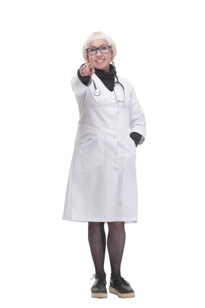 Friendly woman doctor. isolated on a white background.