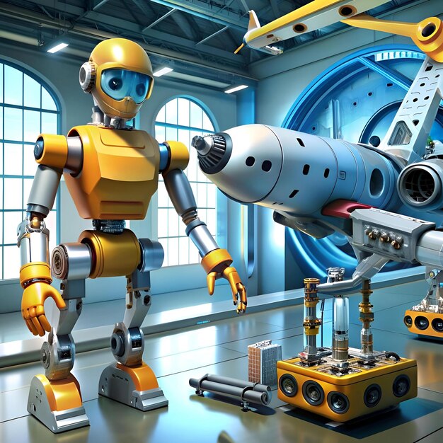 A friendly yellow robot inspects a spacecraft in a futuristic hangar