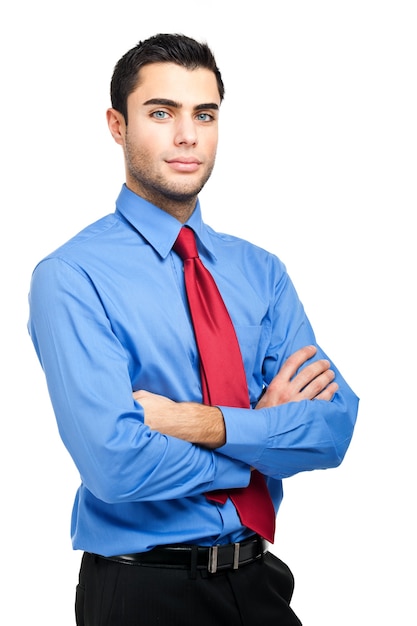 Friendly young male manager isolated on white