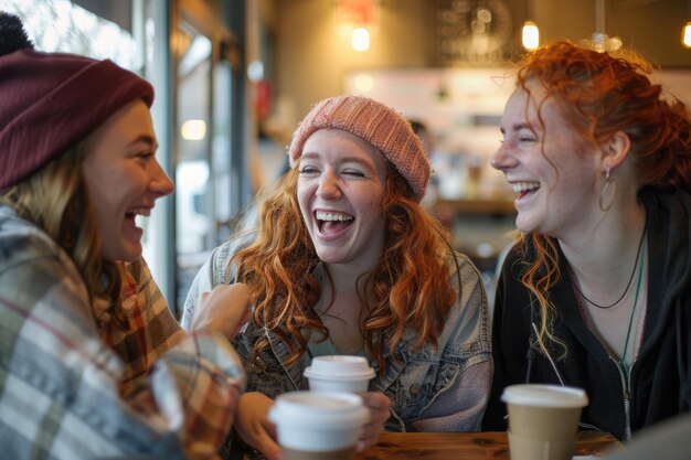 Photo friends are bonding over coffee laughing and enjoying each others company in a cozy cafe aig62