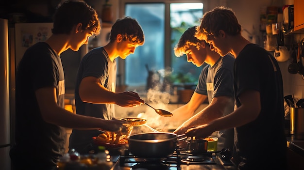 Photo friends are cooking together in the kitchen