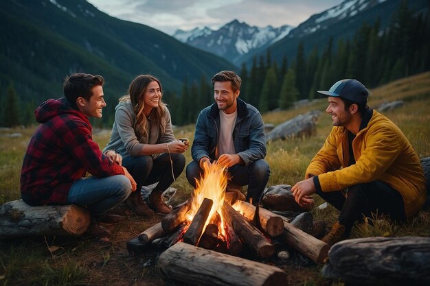 Friends around campfire in mountains