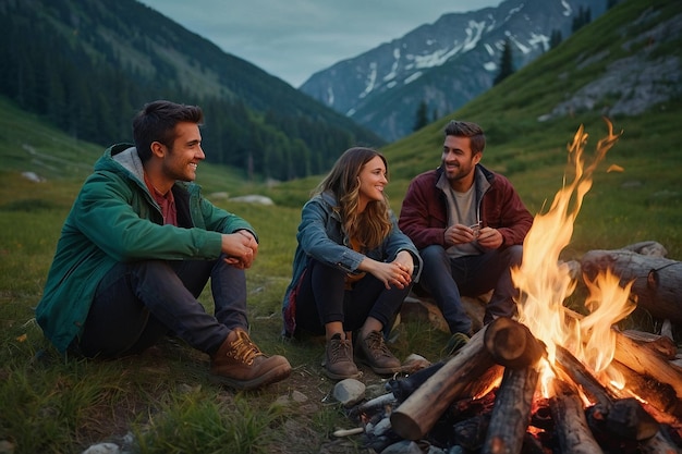 Friends around campfire in mountains