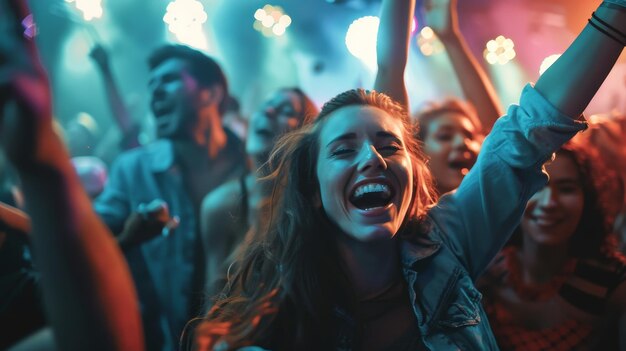 Friends attending a concert together dancing and singing along AI generated illustration