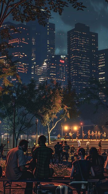 Friends Attending an Outdoor Concert in a City Park