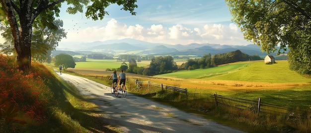 Photo friends biking through a scenic countryside road