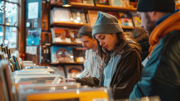 Photo friends browsing through records at a vinyl store in the city center