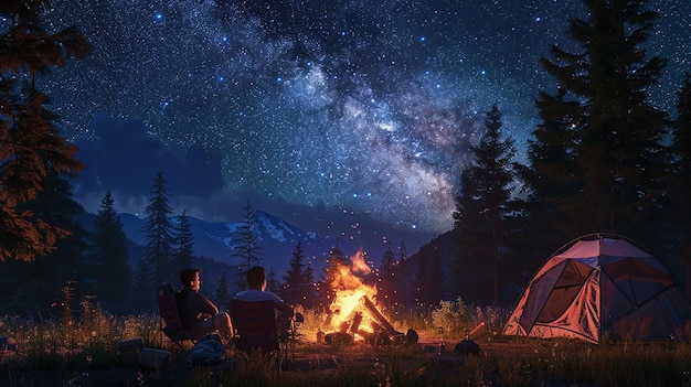 Friends Camping Under Starry Skies with a Glow