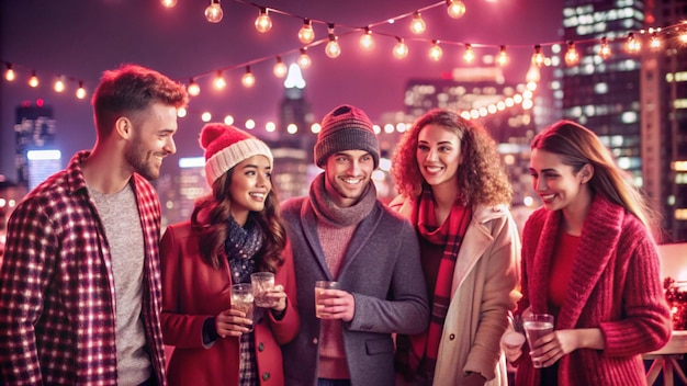 Friends Celebrate Rooftop Party with City Lights