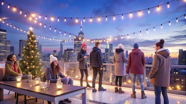 Friends Celebrate on Rooftop with City Lights and Christmas Tree