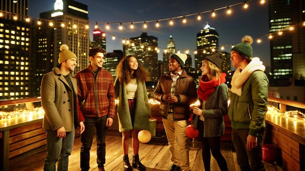 Friends Celebrate on Rooftop with City Lights