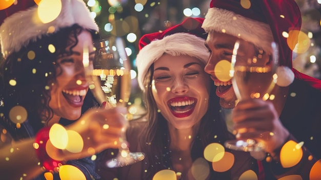 Photo friends celebrate with drinks during a festive gathering in a cozy atmosphere at a winter holiday party