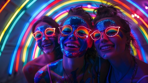 Friends Celebrating with Neon Face Paint and Glasses Generative AI