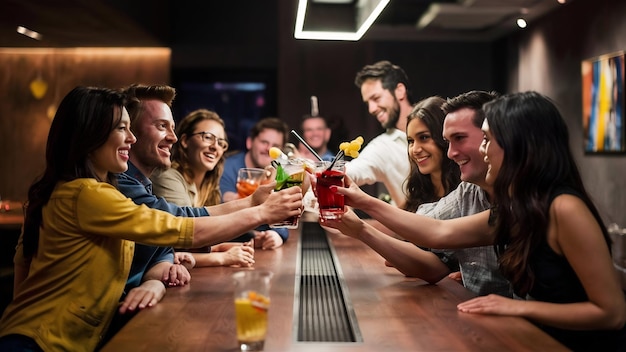 Friends clinking drink glasses in a modern bar