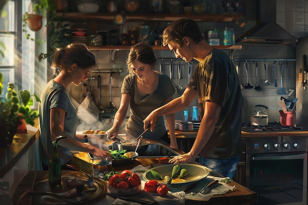 Friends Cooking a Meal Together in a WellEquipped Kitchen