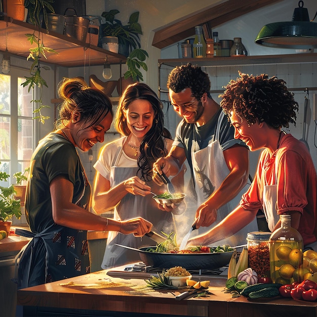 Photo friends cooking together in a kitchen