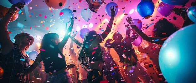 Photo friends dancing at a party with vibrant lights