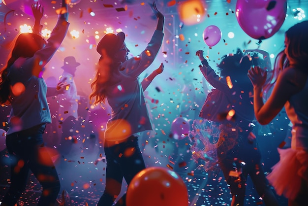 Photo friends dancing at a party with vibrant lights