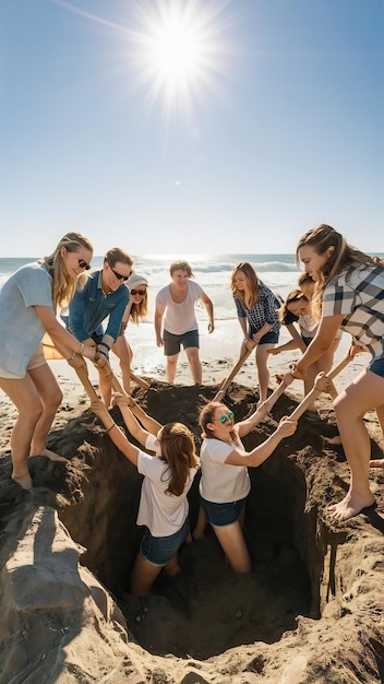 Photo friends digging hole on beach