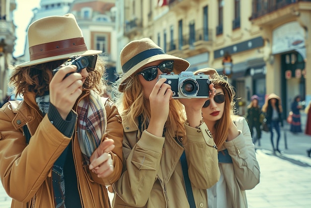 Friends Dressed in Contemporary Fashion Taking a Selfie