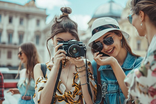 Friends Dressed in Contemporary Fashion Taking a Selfie