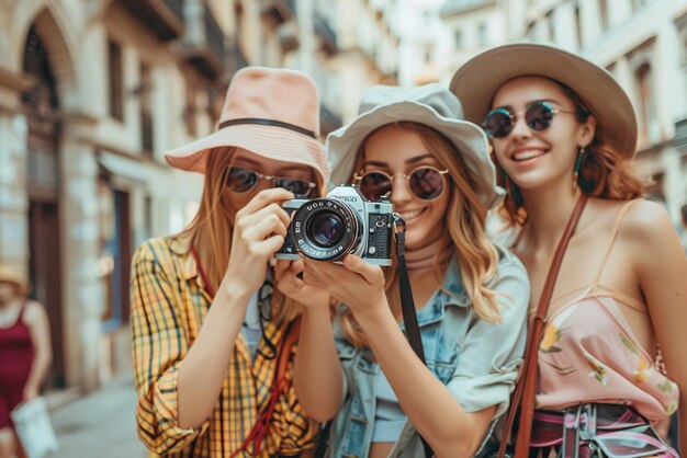 Friends Dressed in Contemporary Fashion Taking a Selfie