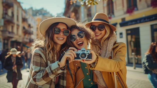 Friends Dressed in Contemporary Fashion Taking a Selfie